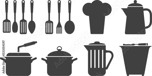 Illustration of kitchen utensils including spatulas pots kettle chef hat and other cookware items