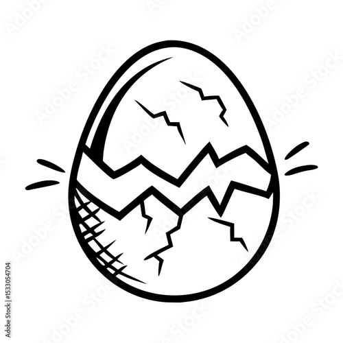 Cracked egg with jagged lines in black and white illustration  