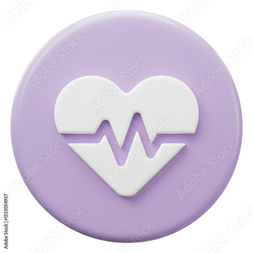 3D Purple Circular Heart Icon with White ECG Line, Representing Health and Wellness