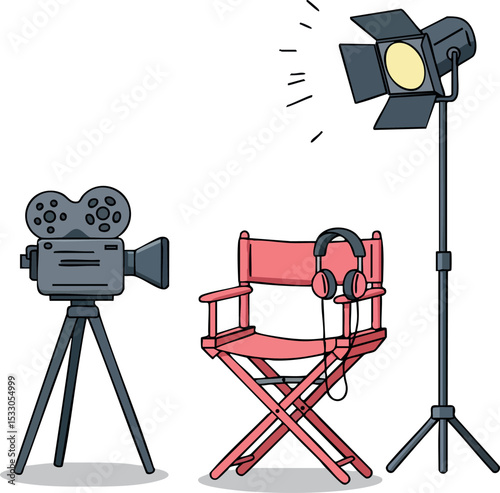 Movie director chair with film camera and studio spotlight vector illustration 