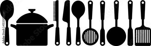 A set of kitchen utensils including a pot, spoons, spatulas, and knives arranged in a row format