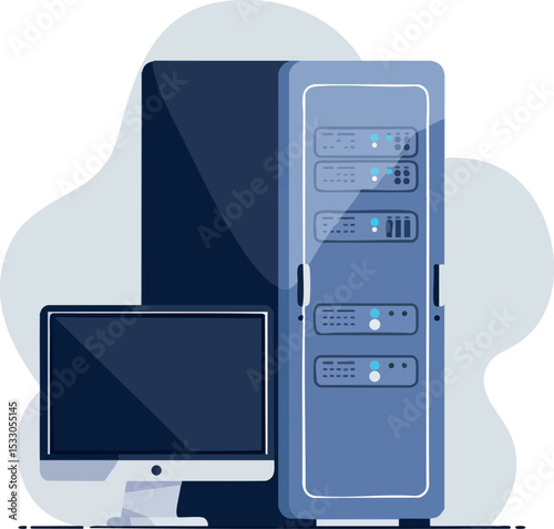 Computer server rack and desktop monitor technology illustration in blue tones 
