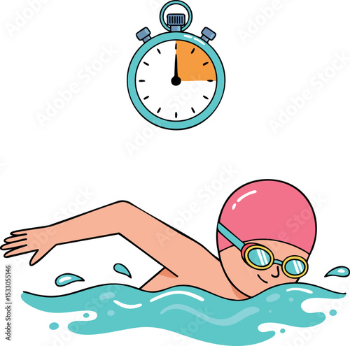 Swimmer with Stopwatch Training in Water Sport Activity Vector Illustration 