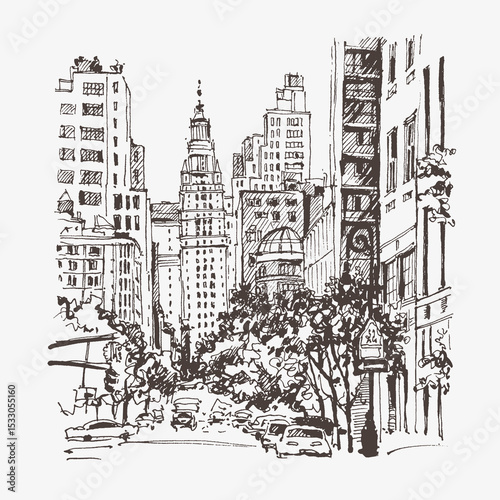 Architecture sketch illustration. Travel sketch of New York, USA. Liner sketches architecture of the street. Freehand drawing. Sketchy line art drawing with a pen on paper.