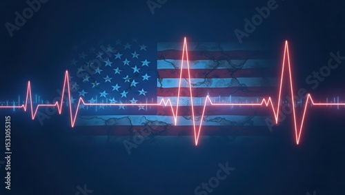 An ECG monitor with heartbeat line transforming into U.S. flag stripes, symbolizing American heart health and national care.