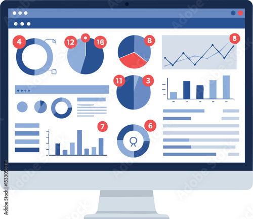 Computer screen showing business analytics dashboard with charts and graphs vector illustration 
