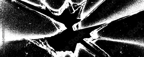 Cracked glass captures the fragility and impact of shattered reflections in a stark monochrome display