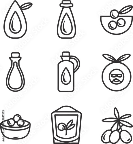 Line art illustration showcasing various olive oil related icons on a white background view from above
