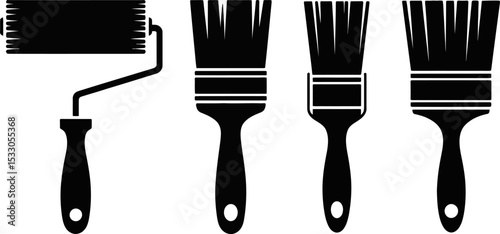 A black and white illustration of a paint roller and three paint brushes in a row design artful