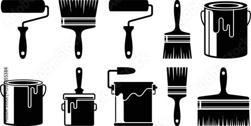Illustration of paint rollers paint brushes and paint cans in black and white vector format