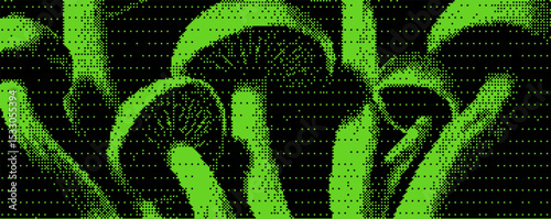 Exploring vibrant green mushrooms in intricate detail against a dark background