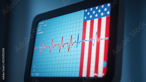 An ECG monitor with heartbeat line transforming into U.S. flag stripes, symbolizing American heart health and national care.