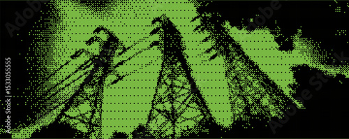 Powerful energy towers silhouetted against a darkened sky showcasing a distinct digital art style