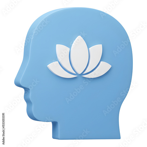 3D Blue Silhouette of a Human Head with White Lotus Symbol, Representing Mindfulness and Mental Clarity