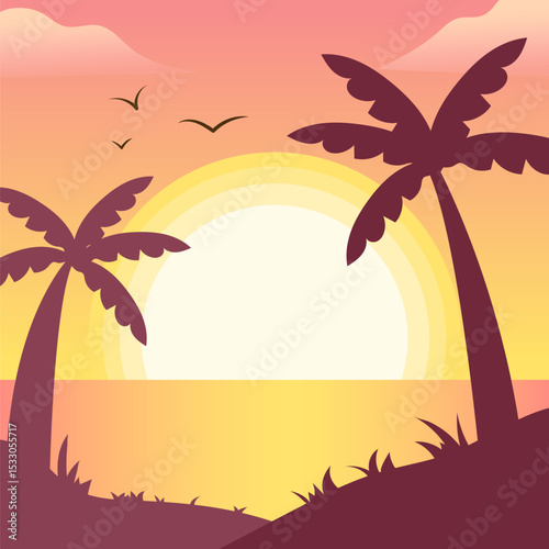 Beautiful landscape of a beach at sunset with silhouette of palm trees