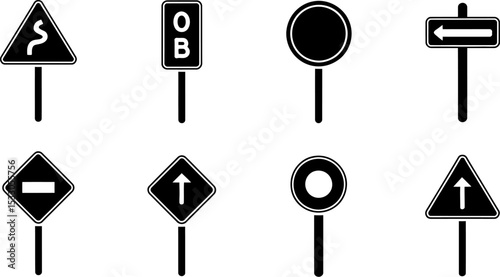Illustration of eight black and white road signs with different shapes and symbols displayed