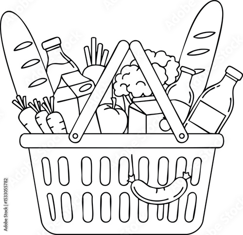 Grocery shopping basket filled with fresh food items and drinks vector illustration 