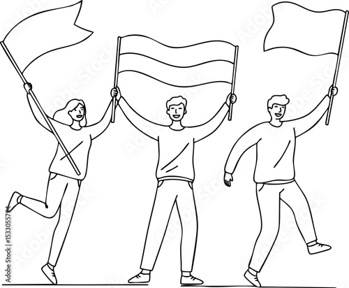 Three people holding waving flags celebrating event in outline style vector illustration 