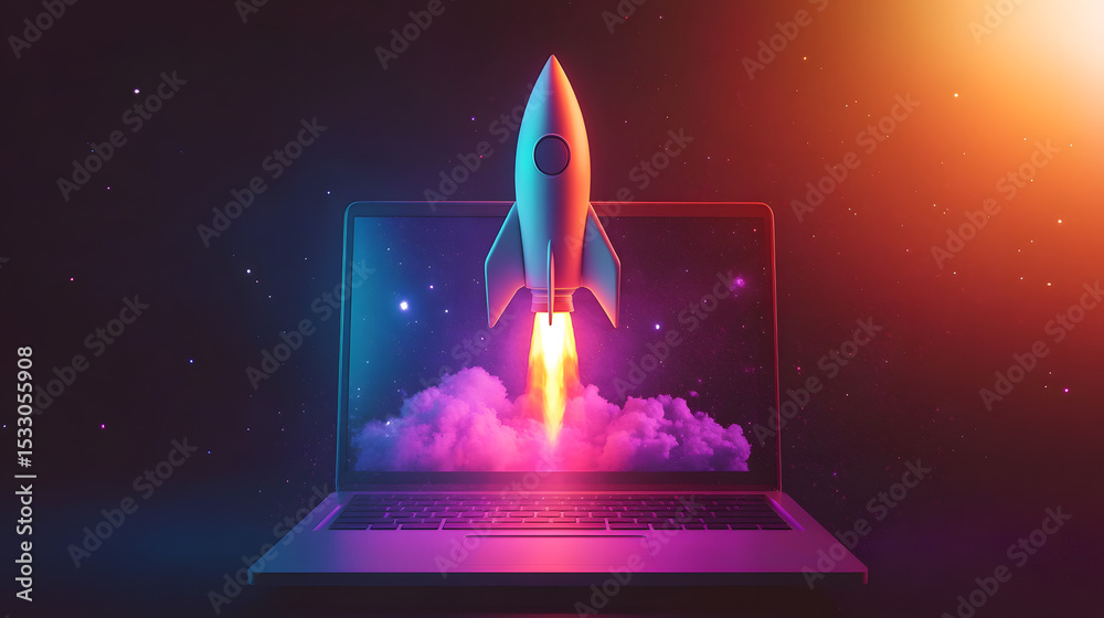 Rocket Emerges from the Screen of a Laptop, Symbolizing Innovation, Growth, and Creativity in Technology and Beyond, Depicted in Vibrant Colors Against a Dark Gradient Background. Rocket Emerges from the Screen of a Laptop, Symbolizing Innovation, Growth, and Creativity in Technology and Beyond, Depicted in Vibrant Colors Against a Dark Gradient Background.