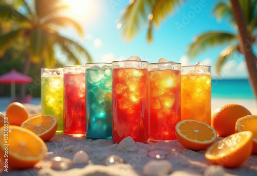 chilled soda cans ice citrus slices refreshing beverage summer party cool drink, lemon, lime, refreshment, fizz, carbonation, mint, condensation, glass