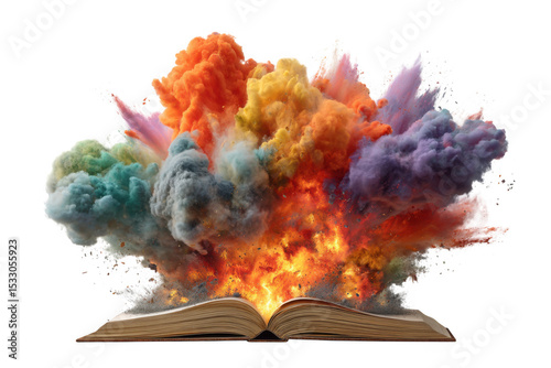 Exploding book with colorful smoke isolated on transparent background