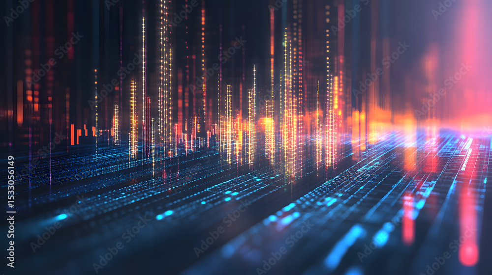 Obraz premium Abstract digital financial chart with illuminated data points and statistics.