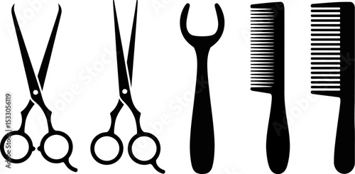 Illustration of two pairs of scissors, a tool, and two combs in black and white style