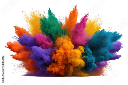 Vibrant multicolored powder explosion isolated on transparent background