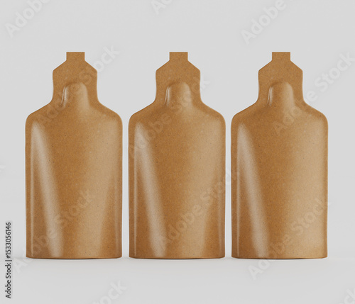 Three brown single serve pouches mockup with neutral background for packaging design inspiration