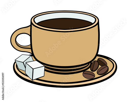Coffee cup on a saucer with sugar cubes and coffee beans - vector full-color image. Coffee cup beige.