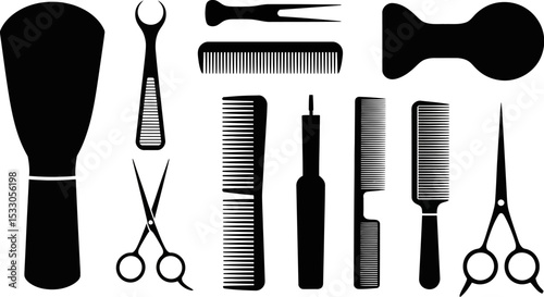 A collection of various black and white hair styling tools displayed on a white background