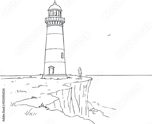 Lighthouse on Cliff Coastline Minimalist Line Art Vector Illustration 