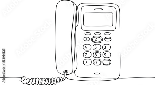 Corded landline telephone with handset and numeric keypad vector illustration line art 