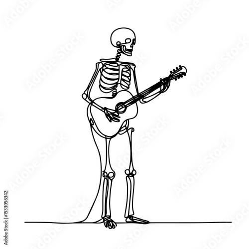 Skeleton playing guitar with a joyful expression, outlined in black on a minimalistic white background, concept of music and art entertainment