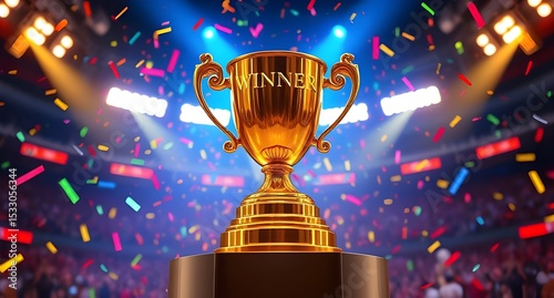 Champion’s Glory: glittering gold Trophy Victory Celebration Under Stadium Lights, colorful confetti, bold WINNER engraving; Perfect for sports event advertisements, winner announcements, social media