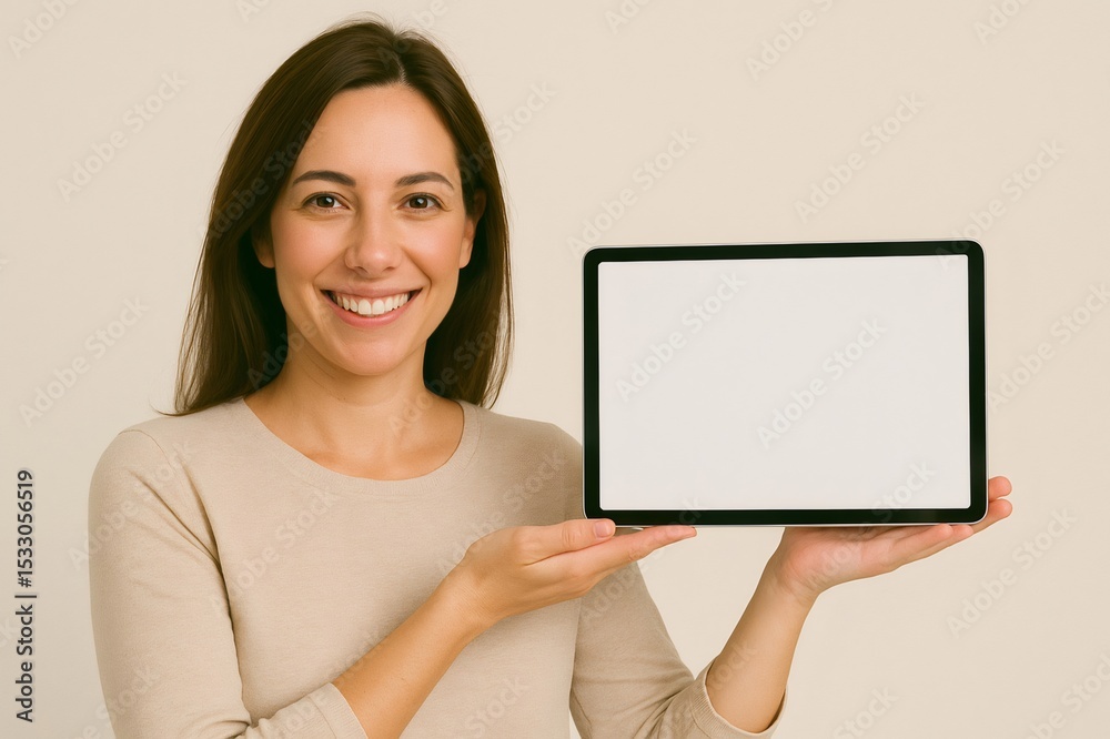Cheerful woman holding digital tablet with blank white screen, promoting new mobile app or website Cheerful woman holding digital tablet with blank white screen, promoting new mobile app or website