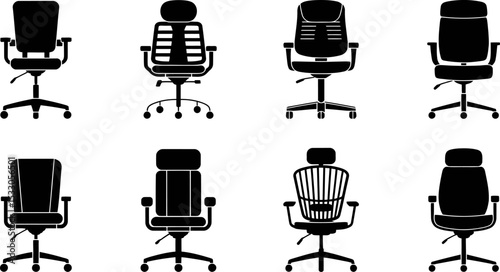 Illustration showing eight different black office chair designs on a white background style