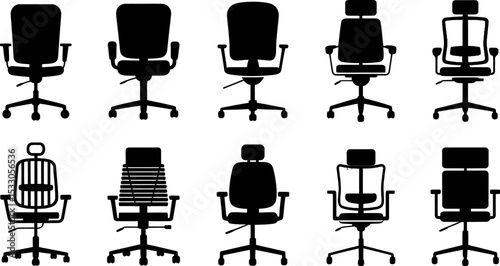 Illustration of ten different black office chairs in a row on a white background display design