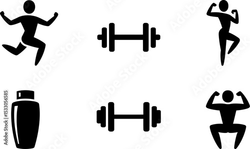 Black fitness icons depicting running dumbbells protein shake and bodybuilders on white background