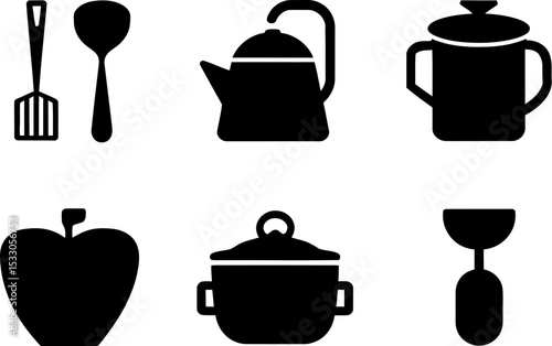 Illustration of kitchen utensils including a spatula, spoon, teapot, and cooking pot icons