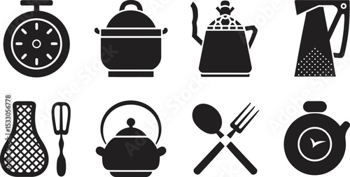 Illustration showcasing kitchen utensils including timers pots kettles and cooking instruments