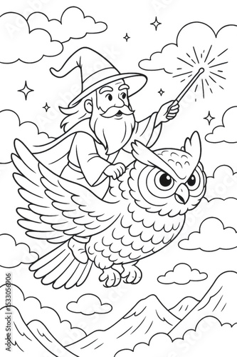 Cartoon wizard with long white beard and hat flying on owl holding magic wand over mountains and clouds, black and white illustration