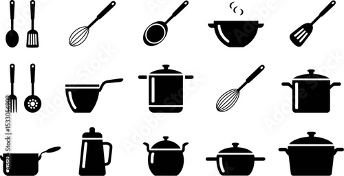 Illustration of various kitchen utensils including pots pans spoons whisks and other cooking tools