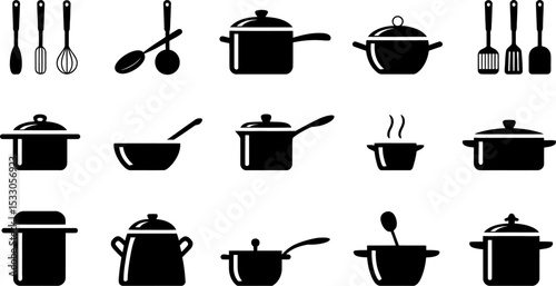Collection of various black kitchen utensils including pots pans spoons and spatulas on white background