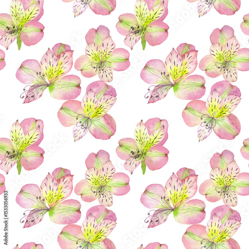 Fotografie Pink and Yellow Alstroemeria Seamless Pattern: Elegant Watercolour Floral Design for Spring Fabrics, Subtle Wall Decor and Artistic Product Styling