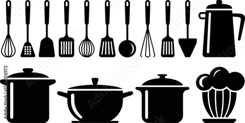 A collection of kitchen utensils and cookware in black silhouette on a white background display