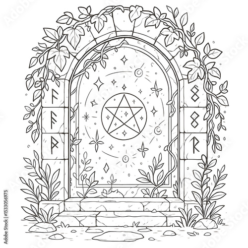 Illustration of a magic portal with pentagram and runes surrounded by ivy and plants, perfect for fantasy and esoteric projects