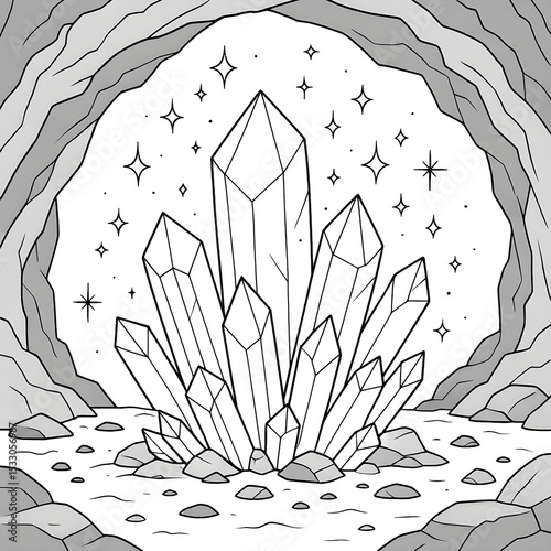 Bright crystals emanating light inside a dark mysterious cave with small rocks and water around them