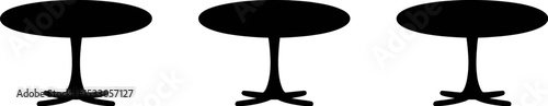 Three black silhouette tables with round tops and pedestal bases on a white background design