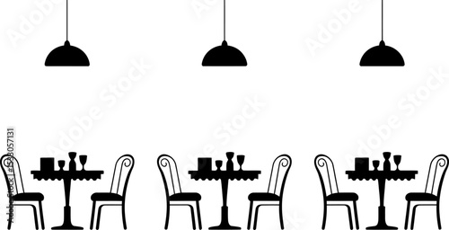 Minimalist illustration of restaurant interior with tables chairs and hanging lamps in black and white
